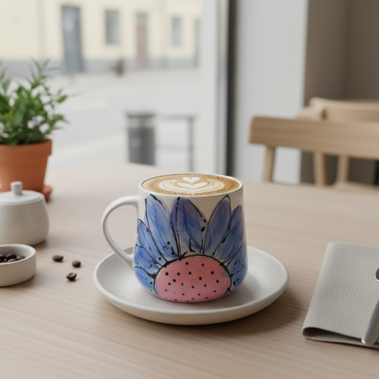 Galleri Mindedahl Blå Blomst Krus med håndmalet design i blå og lyserød keramik. Perfekt til kaffe eller te.