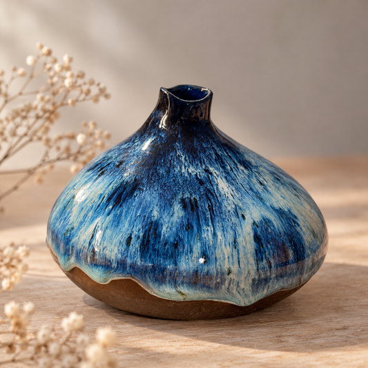 Mumi vase i blå glasur i lyst stylet miljø med tørrede blomster
