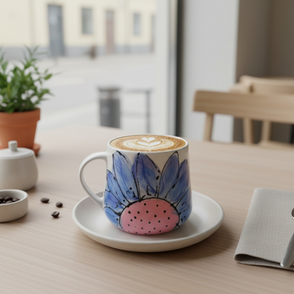Galleri Mindedahl Blå Blomst Krus med håndmalet design i blå og lyserød keramik. Perfekt til kaffe eller te.