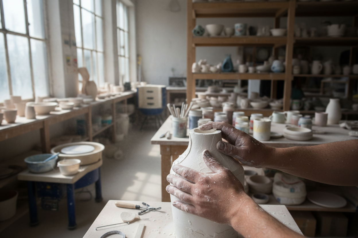 lav et billede af et par hænder der laver en gipsform til lerstøbning. Baggrund er et keramisk værksted