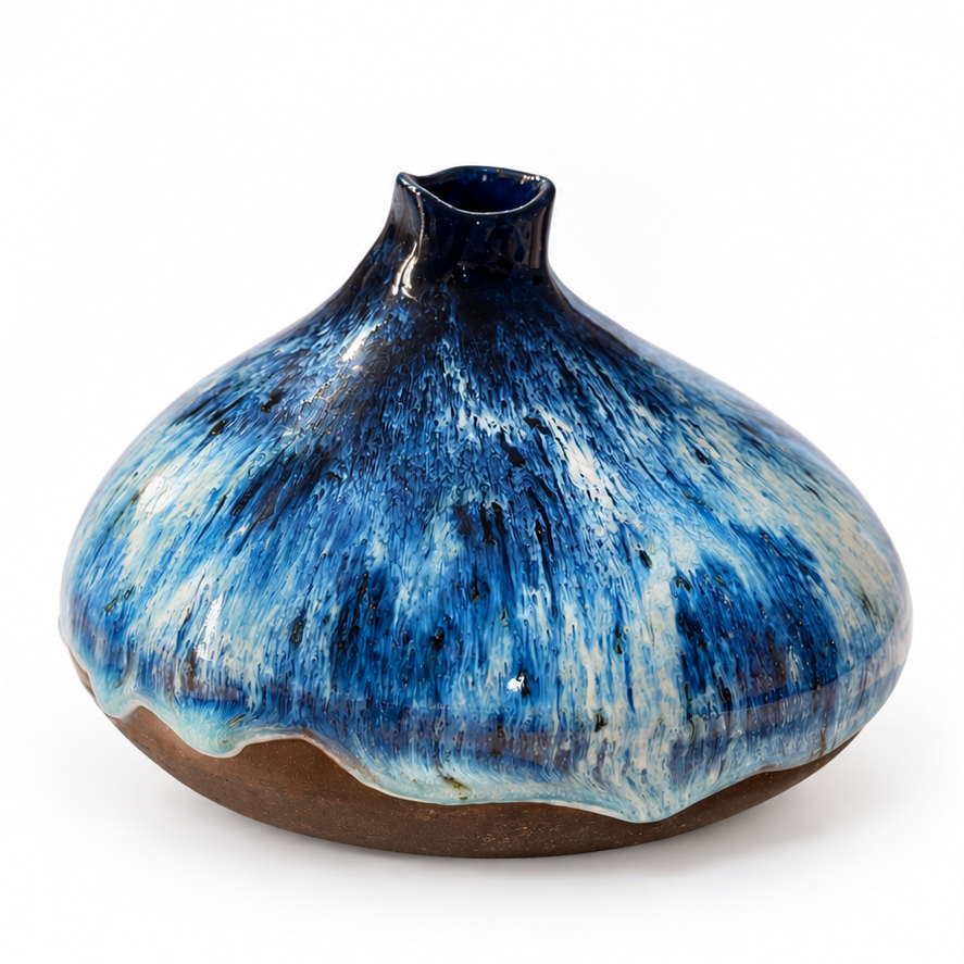 Mumi vase, blå keramikvase på hvid baggrund